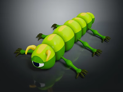 Green Caterpillar Plush Toy With Segmented Body Yellow Stripes Horns And Big Eyes 3d model