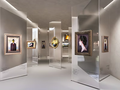 Contemporary Art Gallery Exhibition with Transparent Display Cases and Framed Paintings in Modern Space 3d model
