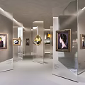 Contemporary Art Gallery Exhibition with Transparent Display Cases and Framed Paintings in Modern Space 3d model