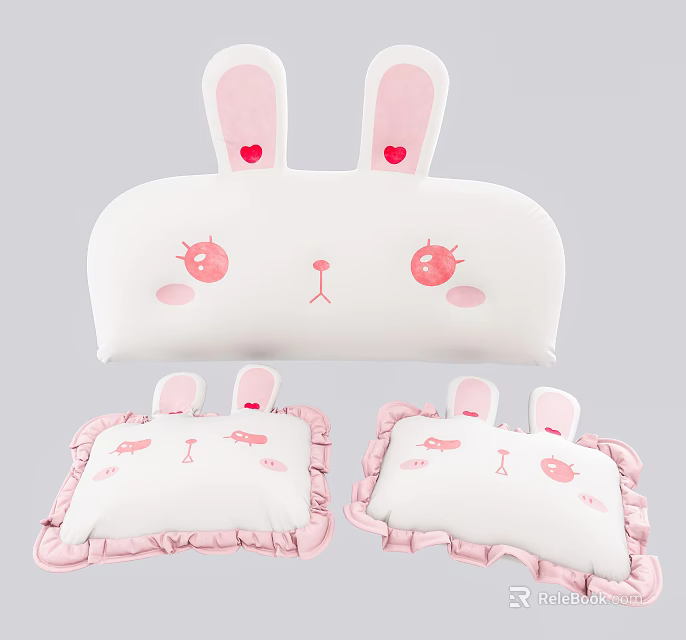 Cute White Rabbit Shaped Plush Pillows With Pink Ears And Ruffled Edges 3d model 
