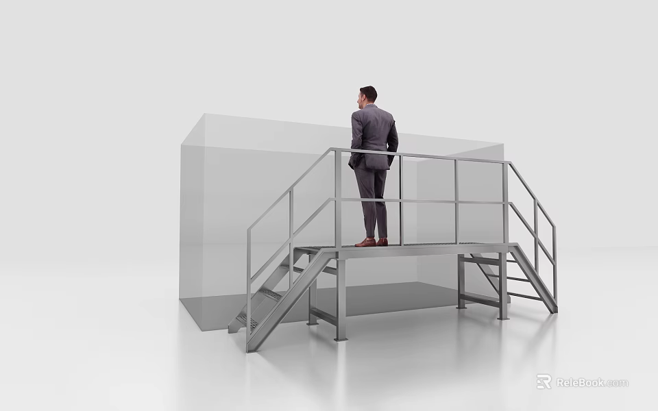 Man In Suit Standing On Metal Platform With Railing And Staircase 3d model 