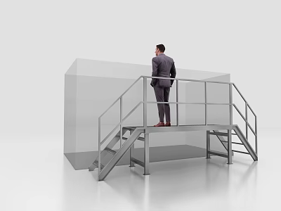 Man In Suit Standing On Metal Platform With Railing And Staircase 3d model