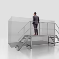 Man In Suit Standing On Metal Platform With Railing And Staircase