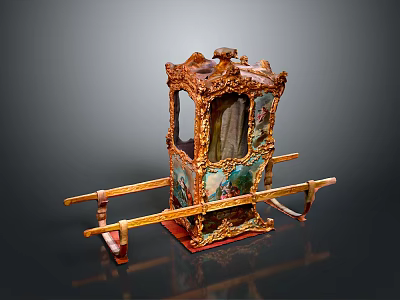 Traditional Ornate Sedan Chair With Golden Frame Painted Panels And Carrying Poles 3d model