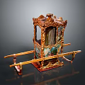 Traditional Ornate Sedan Chair With Golden Frame Painted Panels And Carrying Poles