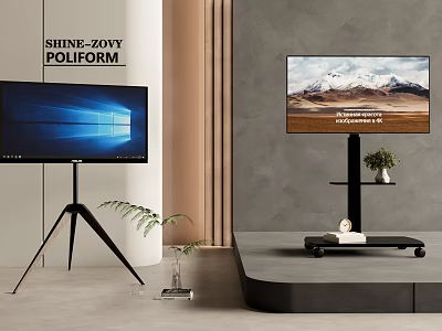 Modern TVs on Tripod and Sleek Stands With Gray Wall Brown Pillar And Green Plant 3d model