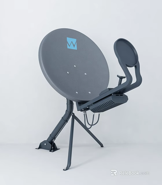 Gray Satellite Dish With Blue W Logo On Tripod Stand For Signal Reception 3d model 