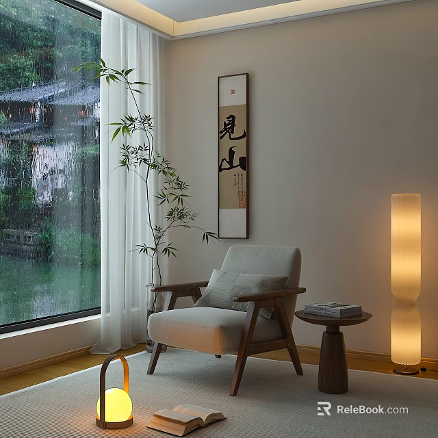 Modern Leisure Chair In Living Room With Bamboo Rainy View Floor Lamp And Side Table 3d model 