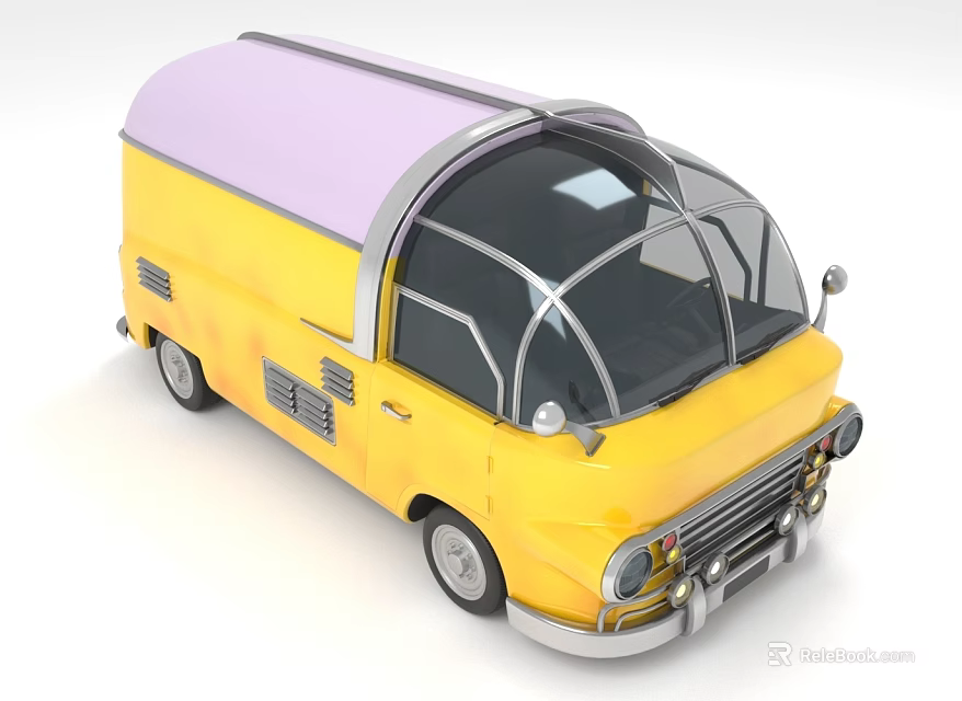 Yellow Retro Van With Purple Roof And Large Curved Windshield Design 3d model 