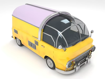 Yellow Retro Van With Purple Roof And Large Curved Windshield Design 3d model