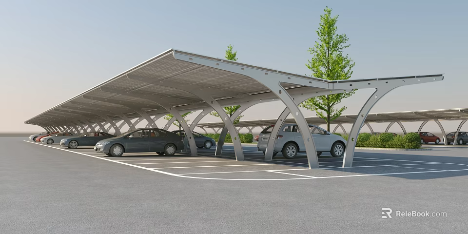 Modern Carport Canopy Design For Parking Lot With Parked Cars And Trees 3d model 