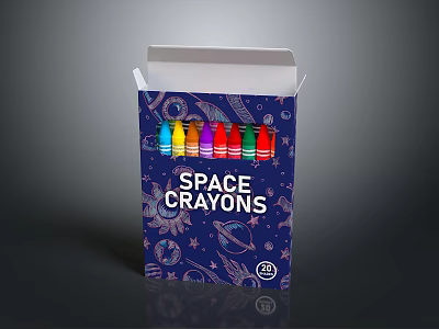 Vibrant Colorful Space Crayons In Blue Box With Star And Planet Designs 3d model