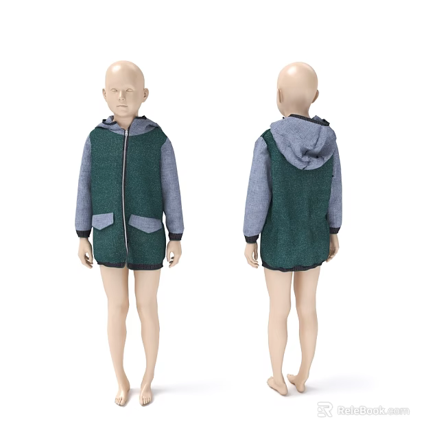 Child Mannequin Showcasing Green Hooded Coat With Gray Sleeves Front Zipper And Side Pockets 3d model 