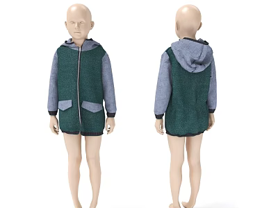 Child Mannequin Showcasing Green Hooded Coat With Gray Sleeves Front Zipper And Side Pockets 3d model