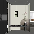 Modern Entryway Interior Design With Pendant Lights Decorative Paintings And Green Plant