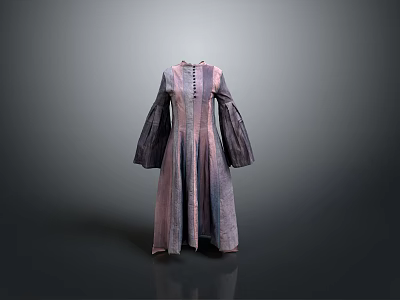 Elegant Women's Long Dress with Gradient Purple Pink Fabric Bell Sleeves and Button Details 3d model