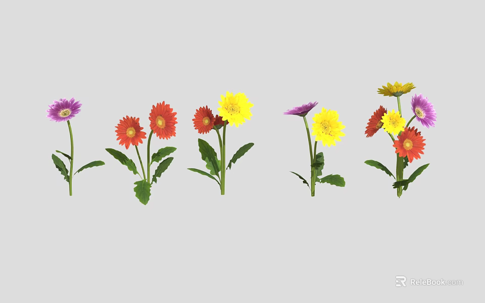Colorful Flowers With Purple Red Yellow Petals Green Stems And Leaves Arranged In Row 3d model 