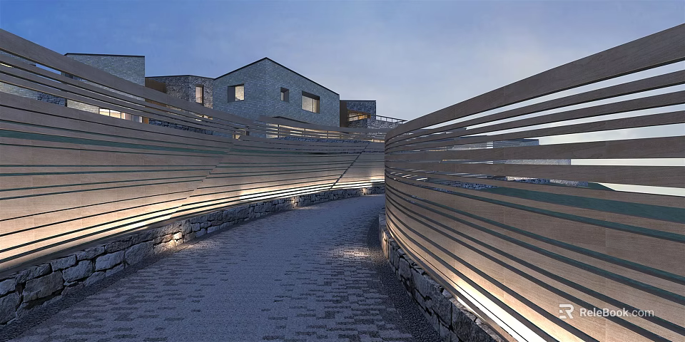 Modern Boutique Hotel Building With Curved Railings And Stone Path Lighting 3d model 