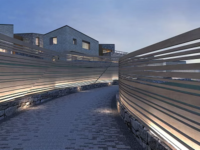 Modern Boutique Hotel Building With Curved Railings And Stone Path Lighting 3d model