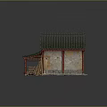 Traditional Building Model With Green Tiled Roof Red Pillars Stone Walls Firewood And Wooden Buckets