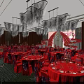 Elegant Red Theme Banquet Hall With Red Carpet Roses Chandeliers Tables And Stage Arch