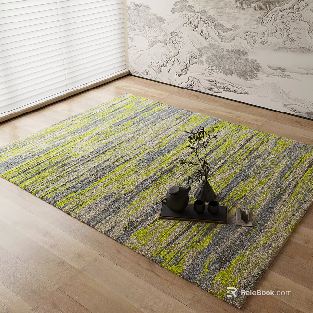Square Area Rug with Green Gray Yellow Stripes on Wooden Floor and Decorative Tray 3d model 