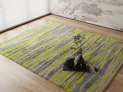 Square Area Rug with Green Gray Yellow Stripes on Wooden Floor and Decorative Tray 3d model