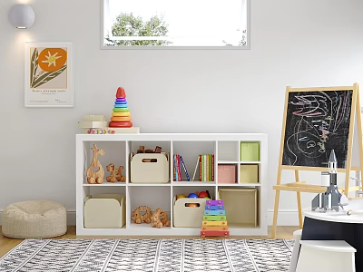 Kids Room White Storage Cabinet with Cubbies for Toy Organization and Colorful Bins 3d model