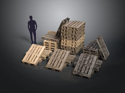 Wooden Pallets Stacked And Scattered With Silhouette Figure Standing Next To 3d model