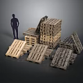 Wooden Pallets Stacked And Scattered With Silhouette Figure Standing Next To