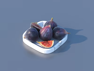 Fresh Ripe Figs On White Marble Plate With Whole And Sliced Flesh 3d model