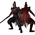 Game Movie Character In Red And Black Ornate Armor With Helmet And Weapon