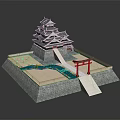 Traditional Ancient Architecture Model Featuring Multi tiered Pagoda Red Torii Gate And Stone Base 3d model