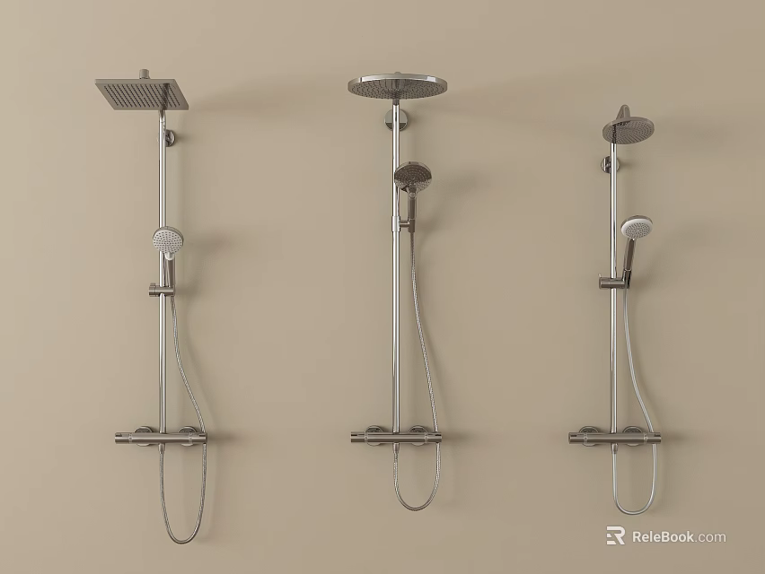 Three Modern Wall Mounted Shower Systems With Chrome Finish In Bathroom 3d model