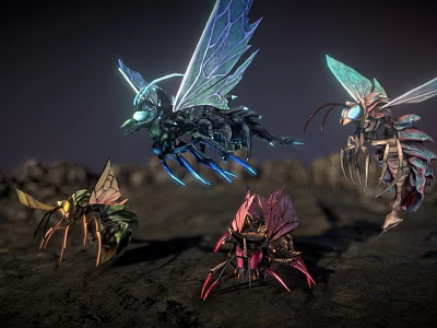Colorful Mechanical Insects With Shiny Wings On Dark Rocky Ground 3d model