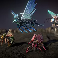 Colorful Mechanical Insects With Shiny Wings On Dark Rocky Ground
