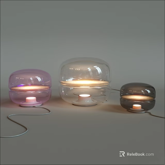 Modern Glass Table Lamps In Pink Clear And Gray With Illuminated Base And Cords 3d model 