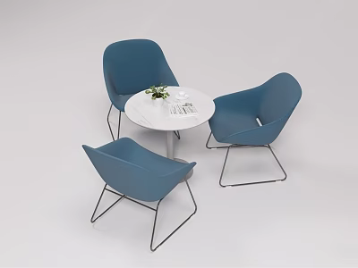 Modern Round White Meeting Table with Blue Chairs and Metal Legs 3d model