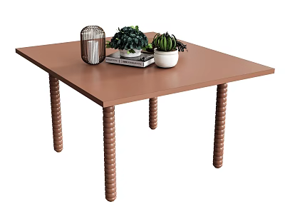 Brown Dining Table With Twisted Legs And Metal Decor Green Plant Succulent On Books 3d model