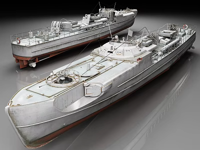 Vintage Ship Models Displayed On Gray Reflective Surface With Detailed Decks And Hull Structures 3d model