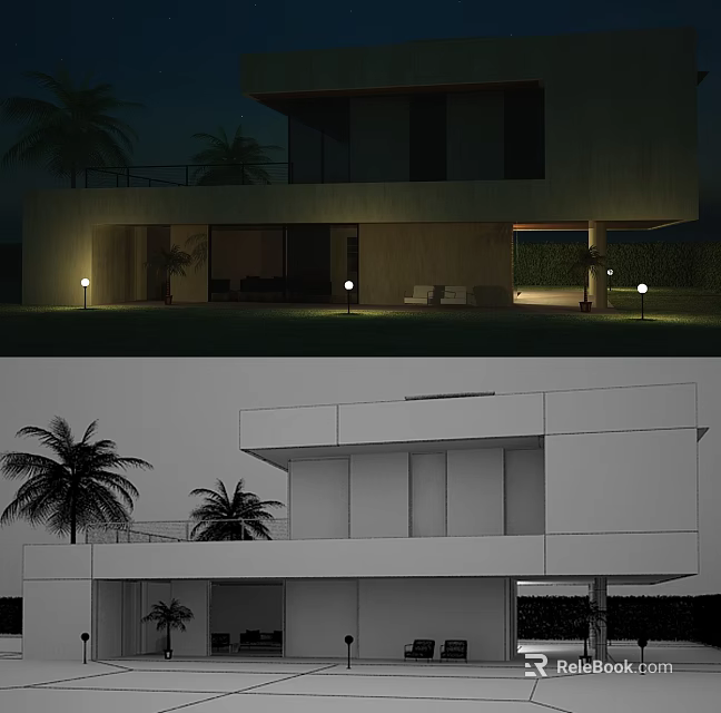 Modern Detached Villa With Palm Trees Terrace Large Windows And Night Lighting Design 3d model 