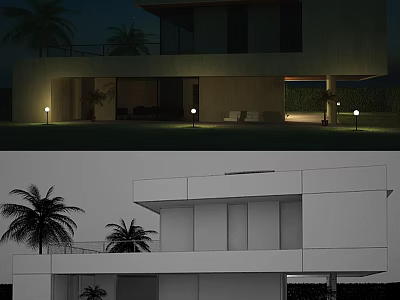 Modern Detached Villa With Palm Trees Terrace Large Windows And Night Lighting Design 3d model