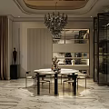Luxurious Living And Dining Room Interior With Marble Floor Chandelier And TV Wall
