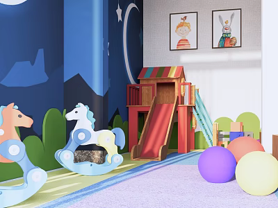Garden Landscape With Children's Play Area Wooden Slide Rocking Horses And Colorful Balls 3d model