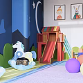 Garden Landscape With Children's Play Area Wooden Slide Rocking Horses And Colorful Balls