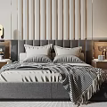 Modern Bedroom Interior With Gray Bed Striped Headboard Nightstands And Glass Wardrobe