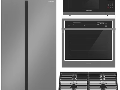 Stainless Steel Kitchen Appliances Including Refrigerator Microwave Oven And Gas Stove 3d model
