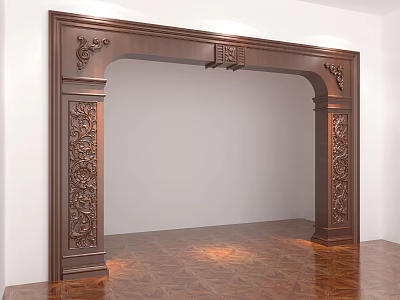 Wooden Door Arch With Intricate Carved Designs And White Wall Background 3d model