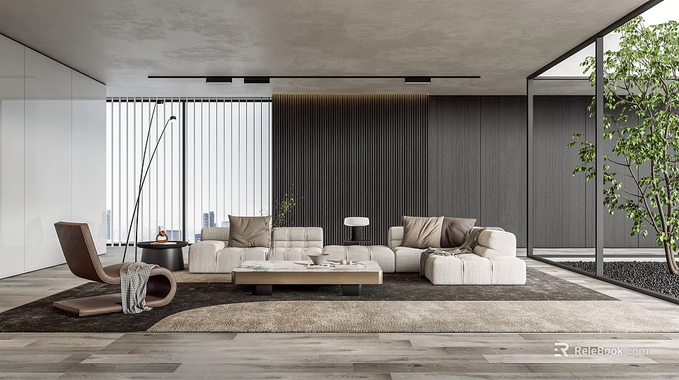 Modern Living Room Interior With Gray Sectional Sofa Wooden Wall And Floor To Ceiling Windows 3d model 