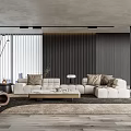 Modern Living Room Interior With Gray Sectional Sofa Wooden Wall And Floor To Ceiling Windows